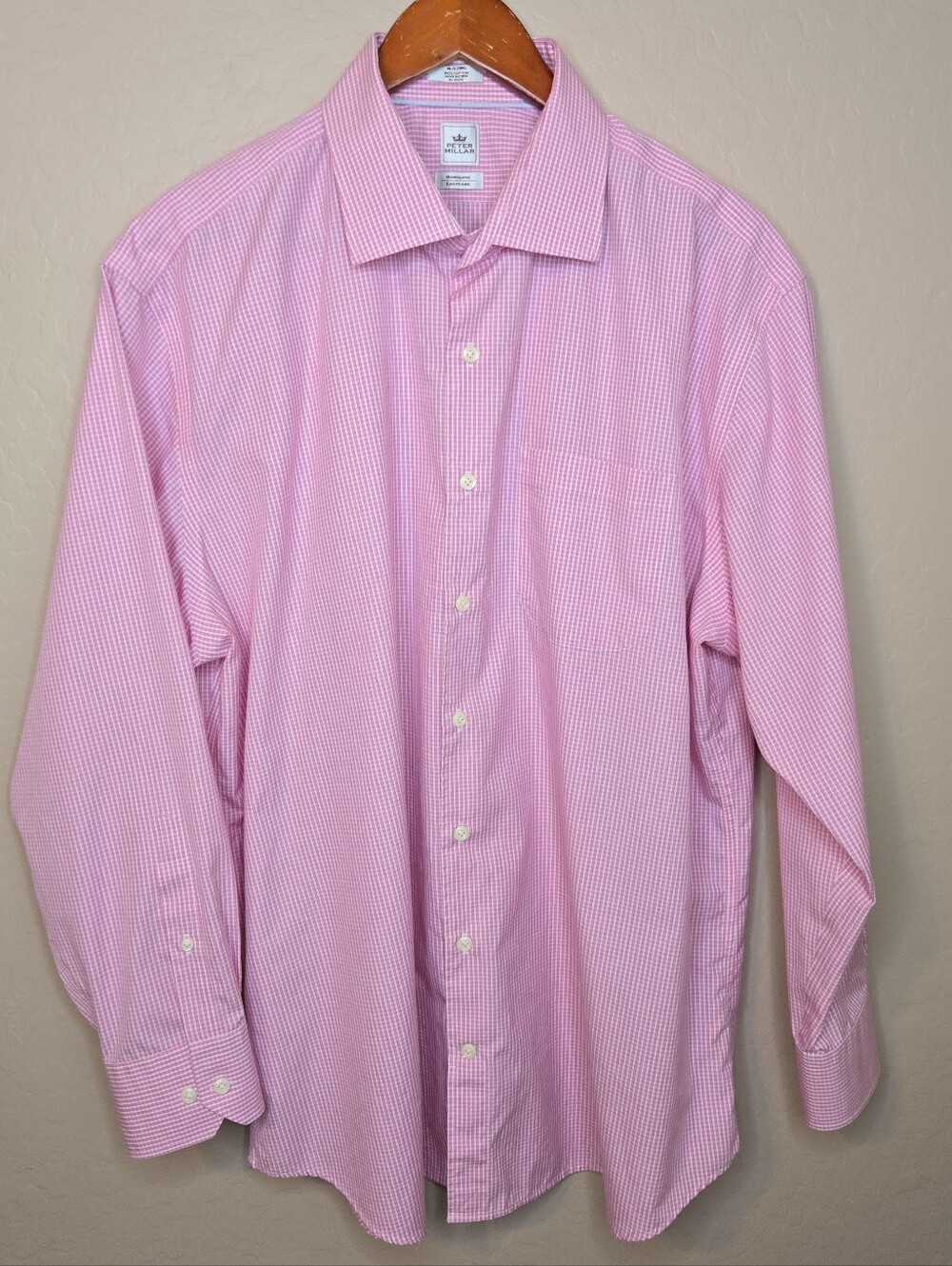 Peter Millar Shirt Nanoluxe Easycare Long Sleeve Mens Pink White Size 18 Long